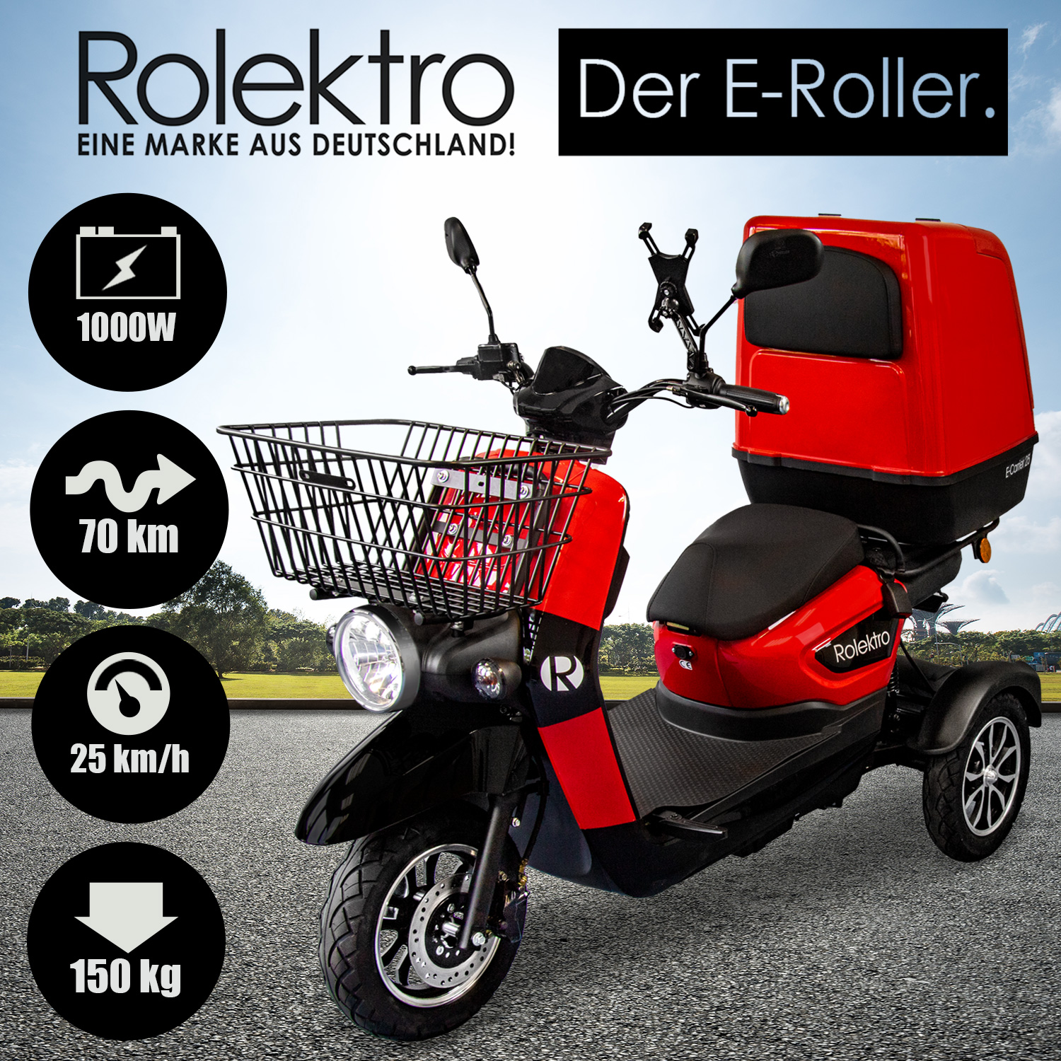Rolektro, E-Carrier 25 V.3 | 1000 Rot, mit Akku, Rad Seniorenmobil | 60V-32,5Ah 3 Seniorenmobile Wat Lithium, XXL-Koffer
